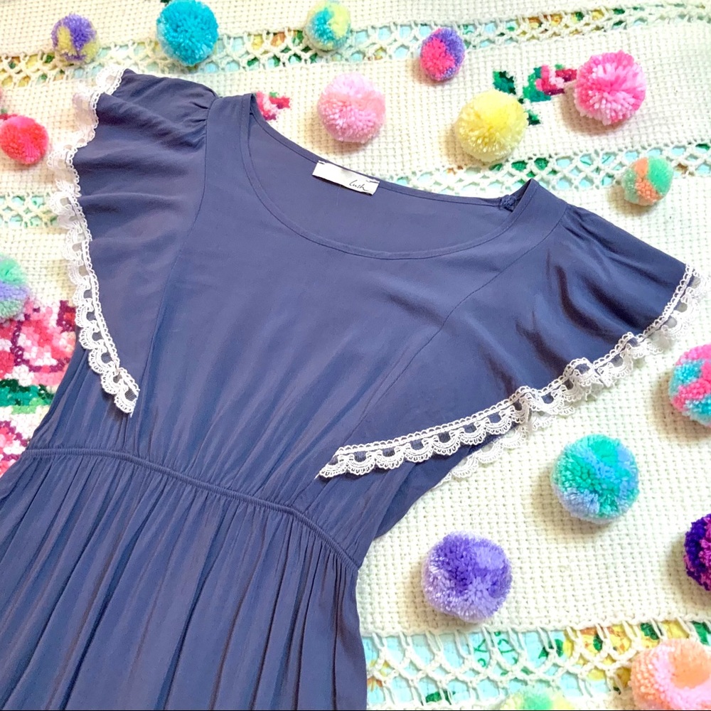 Lush Blue Ruffle Dress Cream Bow Lace Soft Large - Picture 3 of 7